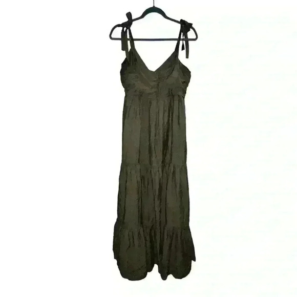 Olive green tiered maxi dress with tie straps size medium - Picture 2 of 5